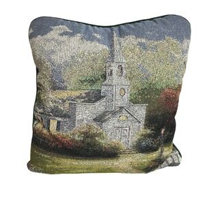 Vintage Thomas Kinkade Hometown Chapel 18" Tapestry Throw Pillow Home Decor